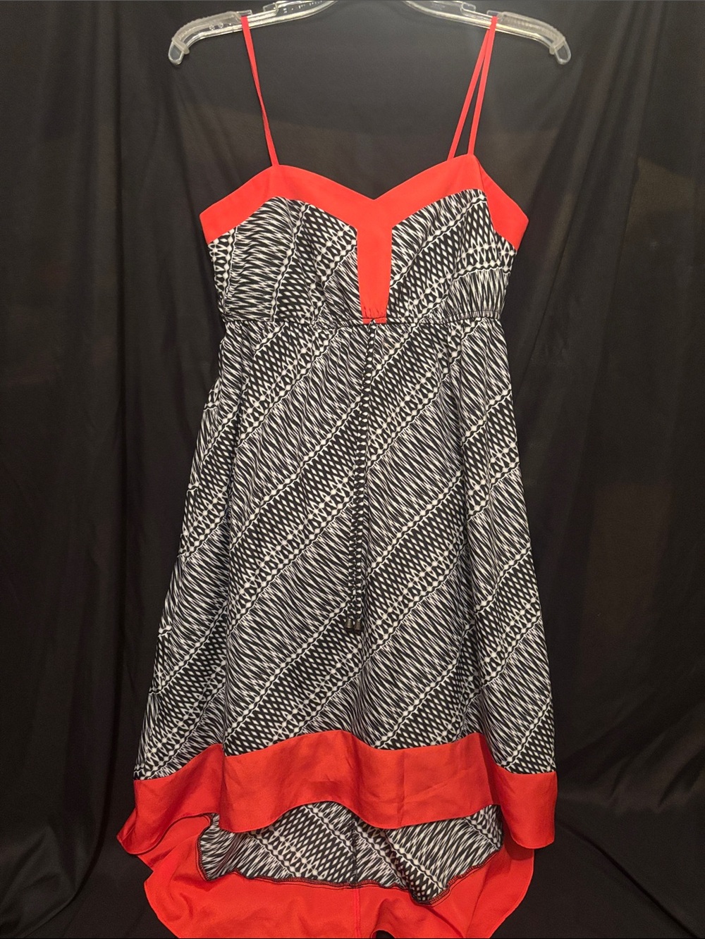 Orange Trim Black & White Patterned Spaghetti Strap Dress